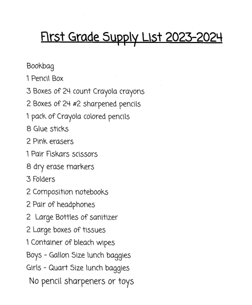 First Grade School Supply List